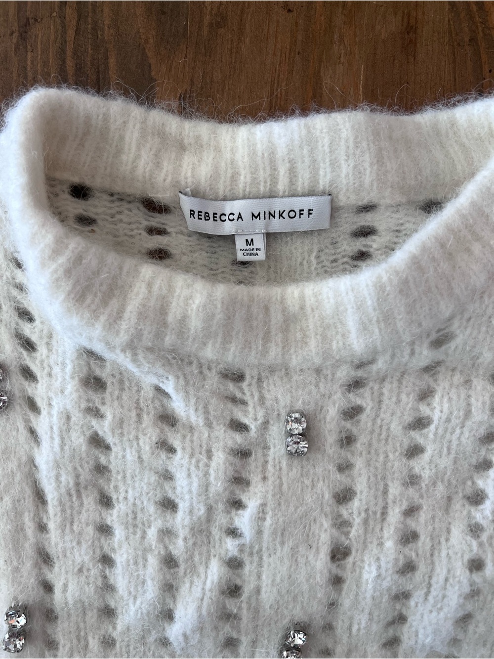 Rebecca Minkoff Cream Crewneck Sweater with rhinestone Accents